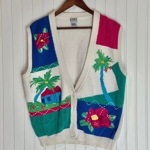 Vintage 1990s knit vest by Koret Francesca Petites with colorful tropical scene